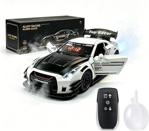 Car Alarm Clock, Race Alarm Clock Car with Engine Sound LED Digital Display,Remote Control, Realistic Lighting Effects for Bedroom, for Boys, Kids & Boyfriend (White, Desktop) in Kuwait