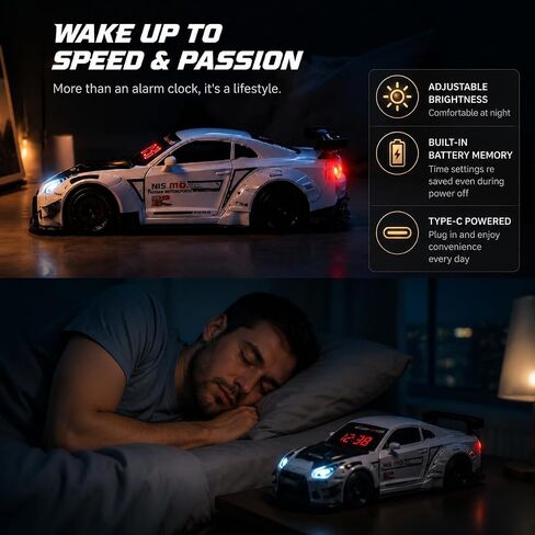 Car Alarm Clock, Race Alarm Clock Car with Engine Sound LED Digital Display,Remote Control, Realistic Lighting Effects for Bedroom, for Boys, Kids & Boyfriend (White, Desktop) in Kuwait