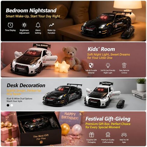 Car Alarm Clock, Race Alarm Clock Car with Engine Sound LED Digital Display,Remote Control, Realistic Lighting Effects for Bedroom, for Boys, Kids & Boyfriend (White, Desktop) in Kuwait
