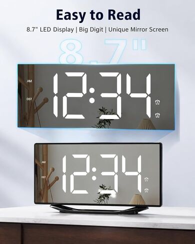 PPLEE Large Digital Alarm Clock for Bedroom, 8.7" LED Mirror Display with Big Numbers, Dual Alarms, USB Charging Port, Auto Dimmer, Adjustable Volume, Snooze Clock for Heavy Sleepers and Seniors in Saudi Arabia