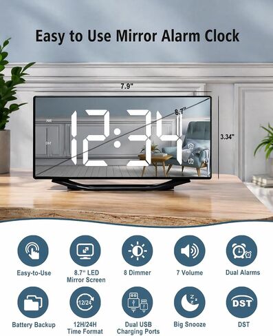 PPLEE Large Digital Alarm Clock for Bedroom, 8.7" LED Mirror Display with Big Numbers, Dual Alarms, USB Charging Port, Auto Dimmer, Adjustable Volume, Snooze Clock for Heavy Sleepers and Seniors in Saudi Arabia
