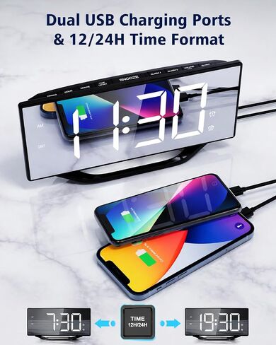 PPLEE Large Digital Alarm Clock for Bedroom, 8.7" LED Mirror Display with Big Numbers, Dual Alarms, USB Charging Port, Auto Dimmer, Adjustable Volume, Snooze Clock for Heavy Sleepers and Seniors in Saudi Arabia