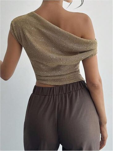 SHENHE Women's Off The Shoulder Crop Top Sequin Asymmetrical Slim Fit Going Out Top Shirt in Kuwait