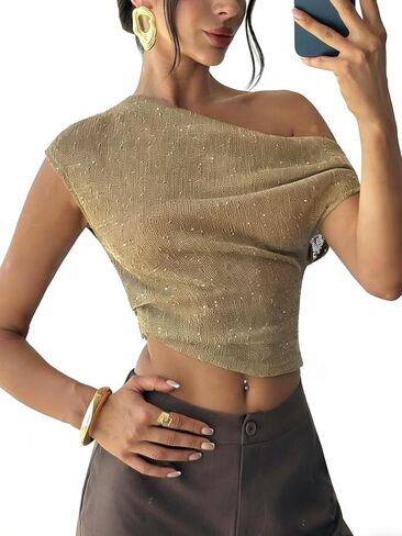 SHENHE Women's Off The Shoulder Crop Top Sequin Asymmetrical Slim Fit Going Out Top Shirt in Kuwait