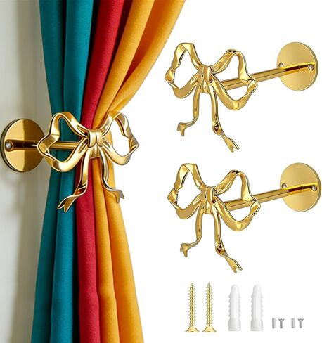 2 Pack Elegant Gold Large Bow Curtain Holdbacks, Versatile Wall - Mounted Tiebacks with Screws for All Curtain Styles, Decorative Holders for Living Room, Bedroom & Office in Saudi Arabia