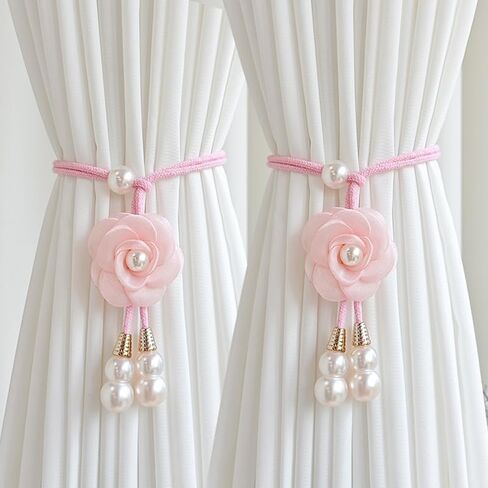 2 Pcs Curtain Tiebacks Rope,Handmade Flower Pearl Curtain Holdbacks,No Drill Adjustable Drapery Ties for Living Room,Bedroom,and Office(Brown) in Kuwait