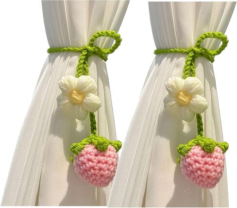 2-Pack Crochet Sunflower Curtain Tiebacks – Cotton Rope Drapery Holdbacks with 3D Floral Design | Boho, Cottage & Japanese-Style Window Decor for Home, Bedroom, Office (Pink Strawberry) in Kuwait