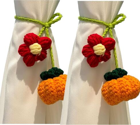 2-Pack Crochet Sunflower Curtain Tiebacks – Cotton Rope Drapery Holdbacks with 3D Floral Design | Boho, Cottage & Japanese-Style Window Decor for Home, Bedroom, Office (Pink Strawberry) in Kuwait