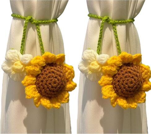 2-Pack Crochet Sunflower Curtain Tiebacks – Cotton Rope Drapery Holdbacks with 3D Floral Design | Boho, Cottage & Japanese-Style Window Decor for Home, Bedroom, Office (Pink Strawberry) in Kuwait