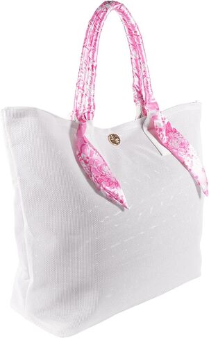 Lilly Pulitzer White Mesh Beach Bag with Satin Scarf Wrapped Handles, 20" x 7" x 15.5" Large Plastic Tote for Beach and Pool with Gold Logo Emblem (Conch Shell Pink Burst of Joy) in Kuwait