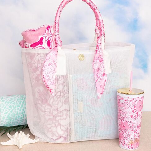 Lilly Pulitzer White Mesh Beach Bag with Satin Scarf Wrapped Handles, 20" x 7" x 15.5" Large Plastic Tote for Beach and Pool with Gold Logo Emblem (Conch Shell Pink Burst of Joy) in Kuwait