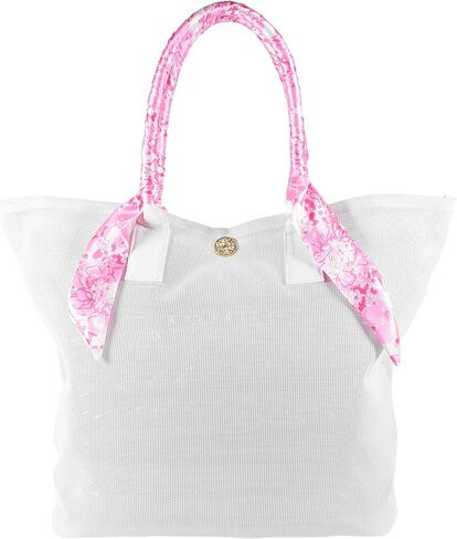 Lilly Pulitzer White Mesh Beach Bag with Satin Scarf Wrapped Handles, 20" x 7" x 15.5" Large Plastic Tote for Beach and Pool with Gold Logo Emblem (Conch Shell Pink Burst of Joy) in Kuwait