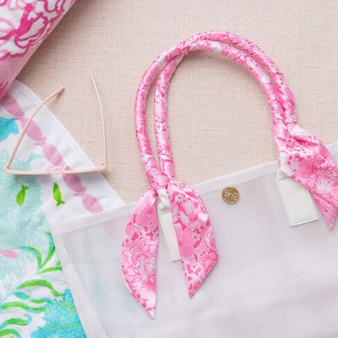 Lilly Pulitzer White Mesh Beach Bag with Satin Scarf Wrapped Handles, 20" x 7" x 15.5" Large Plastic Tote for Beach and Pool with Gold Logo Emblem (Conch Shell Pink Burst of Joy) in Kuwait