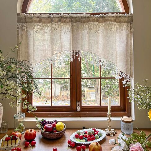 Beige Linen Cafe Curtain Valance Semi-Sheer Short Curved Curtain Star Lace Bottom Curtain Rod Pocket Light Filtering Half Curtain for Kitchen Cafe Cabinet Doorway 1 Panel (Beige,W39 X L26 Inch) in Saudi Arabia