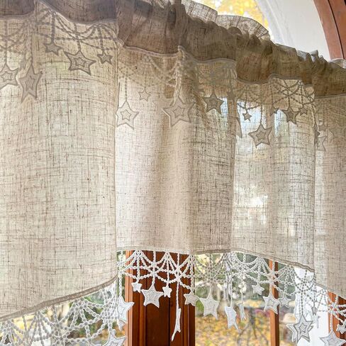 Beige Linen Cafe Curtain Valance Semi-Sheer Short Curved Curtain Star Lace Bottom Curtain Rod Pocket Light Filtering Half Curtain for Kitchen Cafe Cabinet Doorway 1 Panel (Beige,W39 X L26 Inch) in Saudi Arabia