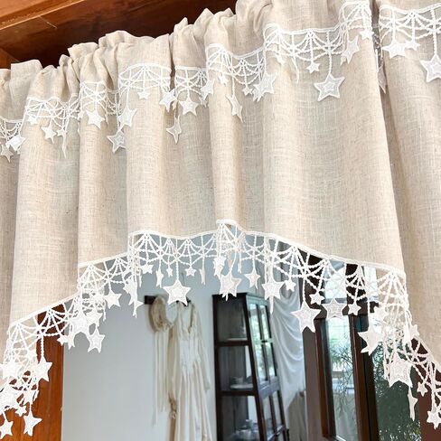 Beige Linen Cafe Curtain Valance Semi-Sheer Short Curved Curtain Star Lace Bottom Curtain Rod Pocket Light Filtering Half Curtain for Kitchen Cafe Cabinet Doorway 1 Panel (Beige,W39 X L26 Inch) in Saudi Arabia