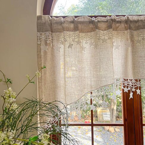 Beige Linen Cafe Curtain Valance Semi-Sheer Short Curved Curtain Star Lace Bottom Curtain Rod Pocket Light Filtering Half Curtain for Kitchen Cafe Cabinet Doorway 1 Panel (Beige,W39 X L26 Inch) in Saudi Arabia
