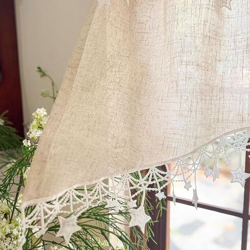 Beige Linen Cafe Curtain Valance Semi-Sheer Short Curved Curtain Star Lace Bottom Curtain Rod Pocket Light Filtering Half Curtain for Kitchen Cafe Cabinet Doorway 1 Panel (Beige,W39 X L26 Inch) in Saudi Arabia