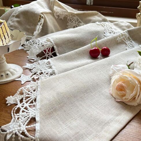 Beige Linen Cafe Curtain Valance Semi-Sheer Short Curved Curtain Star Lace Bottom Curtain Rod Pocket Light Filtering Half Curtain for Kitchen Cafe Cabinet Doorway 1 Panel (Beige,W39 X L26 Inch) in Saudi Arabia