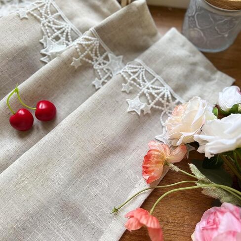 Beige Linen Cafe Curtain Valance Semi-Sheer Short Curved Curtain Star Lace Bottom Curtain Rod Pocket Light Filtering Half Curtain for Kitchen Cafe Cabinet Doorway 1 Panel (Beige,W39 X L26 Inch) in Saudi Arabia