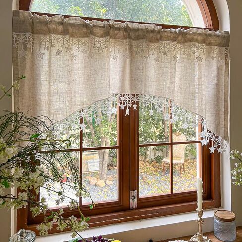 Beige Linen Cafe Curtain Valance Semi-Sheer Short Curved Curtain Star Lace Bottom Curtain Rod Pocket Light Filtering Half Curtain for Kitchen Cafe Cabinet Doorway 1 Panel (Beige,W39 X L26 Inch) in Saudi Arabia
