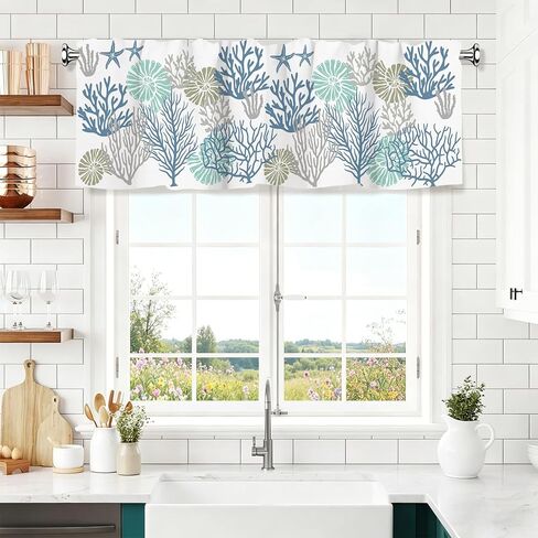 Nautical Coastal Ocean Coral Valance for Window Summer Beach Blue Teal Starfish Kitchen Short Curtain Sea Nautical Small Window Treatment Rod Pocket Valance for Bedroom Living Room Decor 54x18 Inch in Saudi Arabia