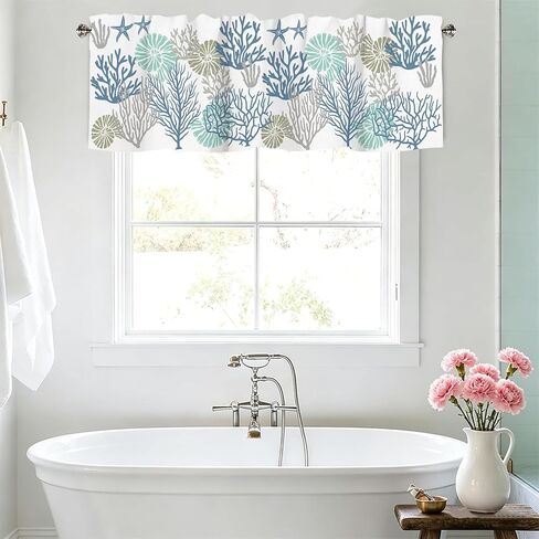 Nautical Coastal Ocean Coral Valance for Window Summer Beach Blue Teal Starfish Kitchen Short Curtain Sea Nautical Small Window Treatment Rod Pocket Valance for Bedroom Living Room Decor 54x18 Inch in Saudi Arabia