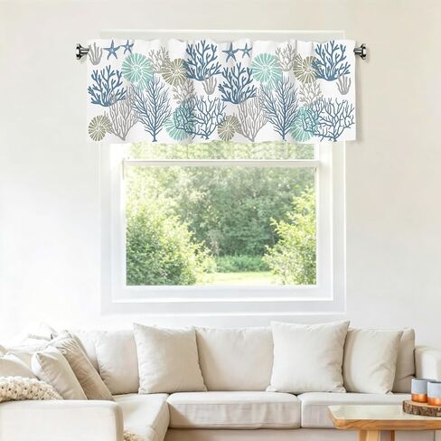 Nautical Coastal Ocean Coral Valance for Window Summer Beach Blue Teal Starfish Kitchen Short Curtain Sea Nautical Small Window Treatment Rod Pocket Valance for Bedroom Living Room Decor 54x18 Inch in Saudi Arabia