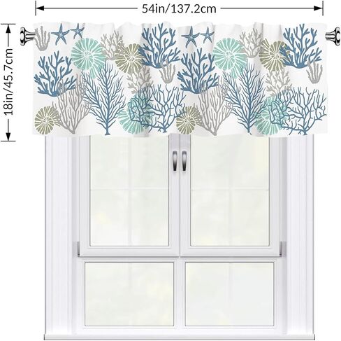 Nautical Coastal Ocean Coral Valance for Window Summer Beach Blue Teal Starfish Kitchen Short Curtain Sea Nautical Small Window Treatment Rod Pocket Valance for Bedroom Living Room Decor 54x18 Inch in Saudi Arabia