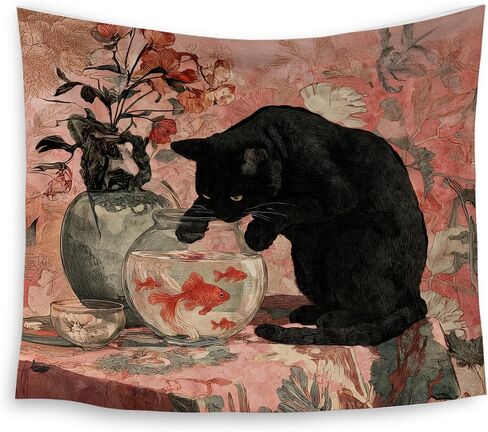 HUGANE Whimsical Black Cat Tapestry, Vintage Oriental Goldfish Bowl Cat Wall Tapestries, Antique Floral Black Kitty Kitten Hanging Wall Decor for Home Bedroom Living Room, 50x60 Inch in Saudi Arabia