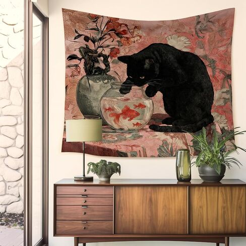 HUGANE Whimsical Black Cat Tapestry, Vintage Oriental Goldfish Bowl Cat Wall Tapestries, Antique Floral Black Kitty Kitten Hanging Wall Decor for Home Bedroom Living Room, 50x60 Inch in Saudi Arabia
