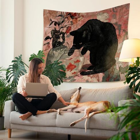 HUGANE Whimsical Black Cat Tapestry, Vintage Oriental Goldfish Bowl Cat Wall Tapestries, Antique Floral Black Kitty Kitten Hanging Wall Decor for Home Bedroom Living Room, 50x60 Inch in Saudi Arabia