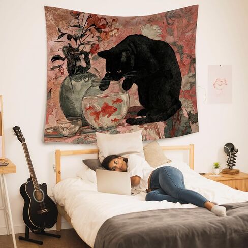 HUGANE Whimsical Black Cat Tapestry, Vintage Oriental Goldfish Bowl Cat Wall Tapestries, Antique Floral Black Kitty Kitten Hanging Wall Decor for Home Bedroom Living Room, 50x60 Inch in Saudi Arabia