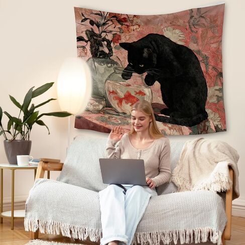 HUGANE Whimsical Black Cat Tapestry, Vintage Oriental Goldfish Bowl Cat Wall Tapestries, Antique Floral Black Kitty Kitten Hanging Wall Decor for Home Bedroom Living Room, 50x60 Inch in Saudi Arabia