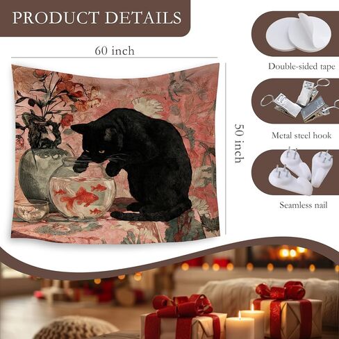 HUGANE Whimsical Black Cat Tapestry, Vintage Oriental Goldfish Bowl Cat Wall Tapestries, Antique Floral Black Kitty Kitten Hanging Wall Decor for Home Bedroom Living Room, 50x60 Inch in Saudi Arabia