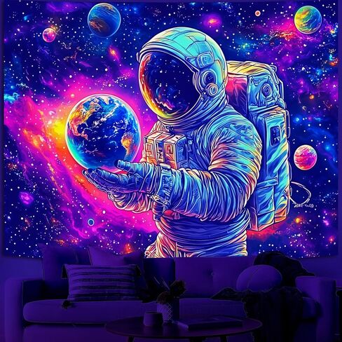 Simpkeely Blacklight Astronaut Tapestry – UV Reactive Cosmic Space Wall Hanging, Neon Galaxy Planets Earth Art Tapestry, Glow in the Dark Sci-Fi Decor for Bedroom & Living Room - 51.2" x 59.1" in Saudi Arabia