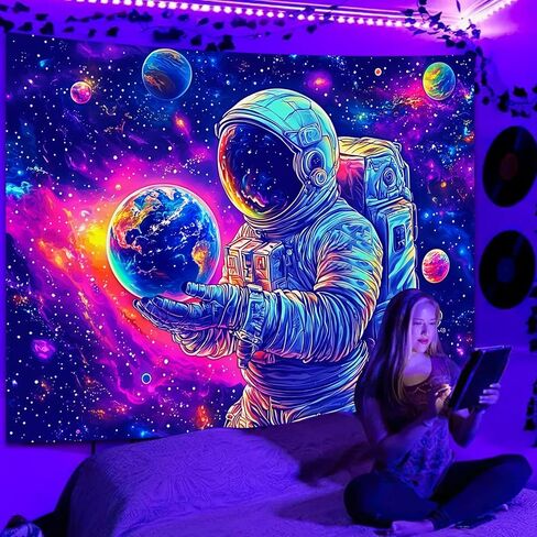 Simpkeely Blacklight Astronaut Tapestry – UV Reactive Cosmic Space Wall Hanging, Neon Galaxy Planets Earth Art Tapestry, Glow in the Dark Sci-Fi Decor for Bedroom & Living Room - 51.2" x 59.1" in Saudi Arabia