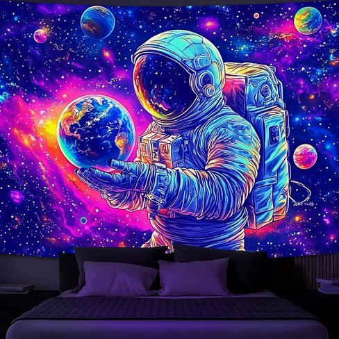 Simpkeely Blacklight Astronaut Tapestry – UV Reactive Cosmic Space Wall Hanging, Neon Galaxy Planets Earth Art Tapestry, Glow in the Dark Sci-Fi Decor for Bedroom & Living Room - 51.2" x 59.1" in Saudi Arabia