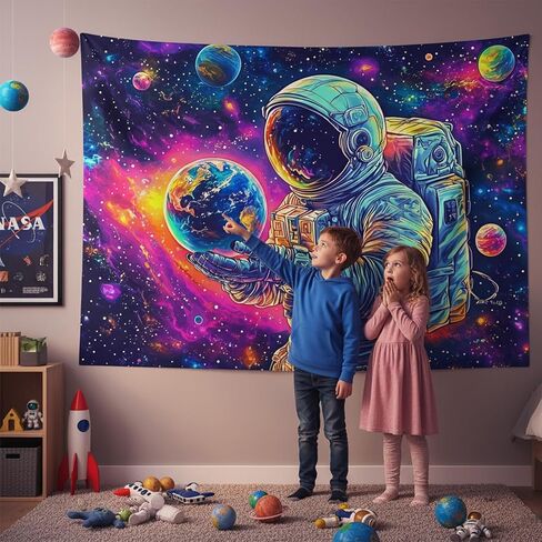 Simpkeely Blacklight Astronaut Tapestry – UV Reactive Cosmic Space Wall Hanging, Neon Galaxy Planets Earth Art Tapestry, Glow in the Dark Sci-Fi Decor for Bedroom & Living Room - 51.2" x 59.1" in Saudi Arabia