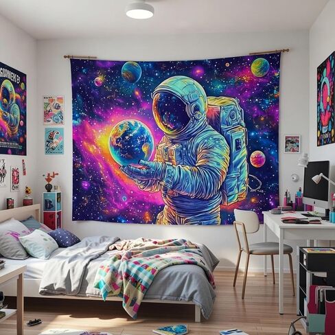 Simpkeely Blacklight Astronaut Tapestry – UV Reactive Cosmic Space Wall Hanging, Neon Galaxy Planets Earth Art Tapestry, Glow in the Dark Sci-Fi Decor for Bedroom & Living Room - 51.2" x 59.1" in Saudi Arabia