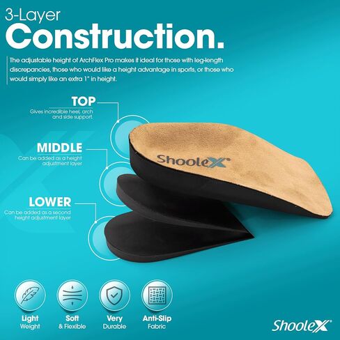 Shoolex ArchFlex Pro 2-in-1 Arch Support & Height Increase Insoles — Adjustable Heel Lift Up to 1", Plantar Fasciitis, Flat Feet, Achilles Tendonitis & Leg Length Discrepancy Relief, Men & Women in Kuwait