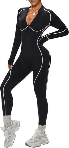 WDIRARA Women's Zip Up Long Sleeve Workout Jumpsuit Contrast Trim Open Back Bodycon Yoga Pants Romper in Kuwait