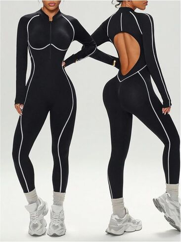 WDIRARA Women's Zip Up Long Sleeve Workout Jumpsuit Contrast Trim Open Back Bodycon Yoga Pants Romper in Kuwait