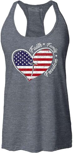 Women's Faith Family Freedom American Flag Heart Racerback Tank Top USA Patriotic Slim Fit in Kuwait