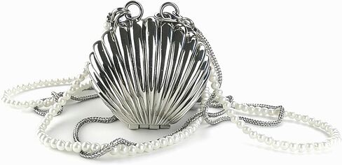 Fancy Silver Metal Seashell Mini Bag for Women - Mini Crossbody Bag with Pearl & Chain Double Detachable Straps | Evening Clutch Purse for Wedding Prom Party/Unique Christmas Valentine Gift for Her in Saudi Arabia
