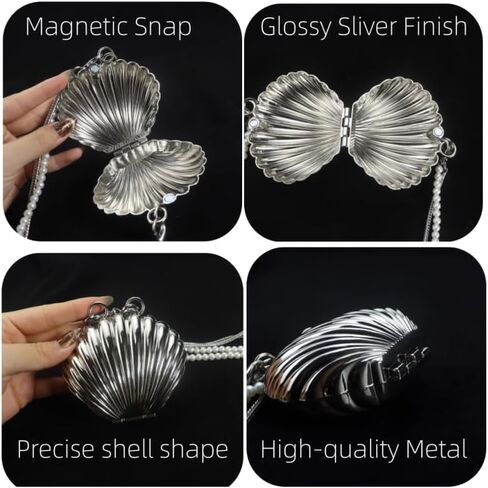 Fancy Silver Metal Seashell Mini Bag for Women - Mini Crossbody Bag with Pearl & Chain Double Detachable Straps | Evening Clutch Purse for Wedding Prom Party/Unique Christmas Valentine Gift for Her in Saudi Arabia