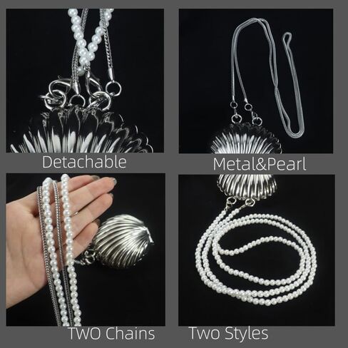 Fancy Silver Metal Seashell Mini Bag for Women - Mini Crossbody Bag with Pearl & Chain Double Detachable Straps | Evening Clutch Purse for Wedding Prom Party/Unique Christmas Valentine Gift for Her in Saudi Arabia