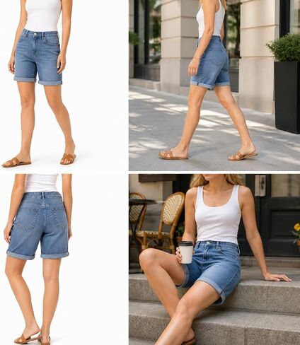 Women’s High Waisted Denim Shorts Stretch Jean Shorts Relaxed Fit Tummy Control Rolled Hem Summer Casual Shorts in Kuwait