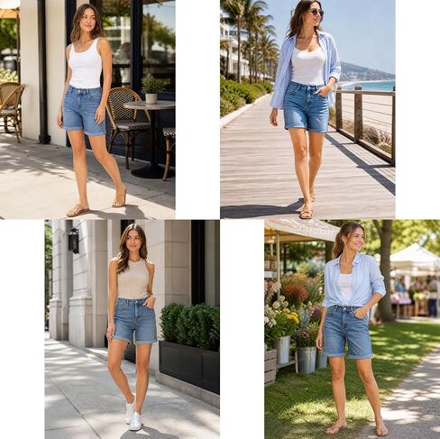 Women’s High Waisted Denim Shorts Stretch Jean Shorts Relaxed Fit Tummy Control Rolled Hem Summer Casual Shorts in Kuwait