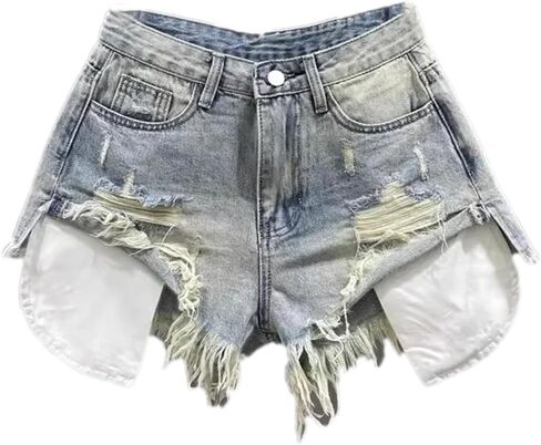Women Blue Ripped Rough Edge High Waist Denim Shorts Sexy Y2K Patchwork Multi-Pocket Zipper A-line Jeans All-Match Simple in Saudi Arabia